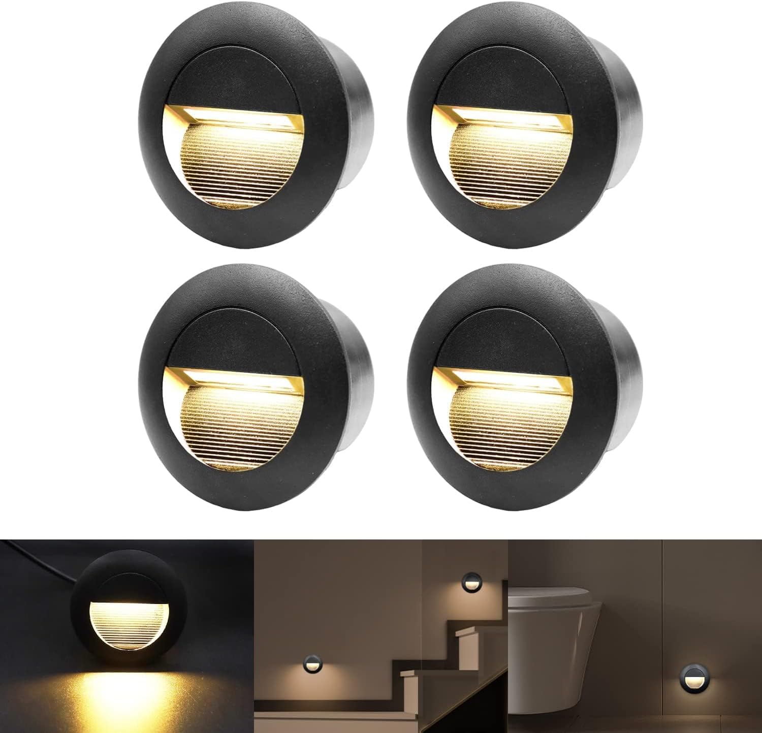 3w Einbauwandleuchte, Runde Treppenleuchten, Warmweiße Wandleuchte Mit Einbaukasten, 230v 65mm Wasserdichte Aluminium-wandbeleuchtung Für Einbautreppenstufen, Schwarz (4er-pack) [energieklasse E]