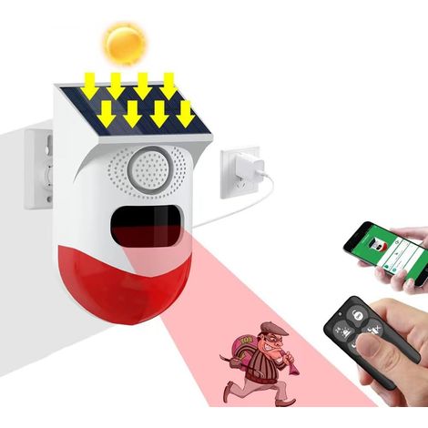 Solarbetriebene Blitzlicht-alarmsirene Für Den Außenbereich – 120 Db Alarmton – 9–12 M Erfassungsbereich Mit Fernbedienung – Wasserdicht Gemäß Ip67