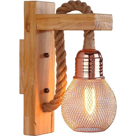 Industrielle Led-wandleuchte Aus Holz Und Hanfseil – E27-fassung – Sanftes Und Warmes Licht Für Wohnzimmer Und Cafés