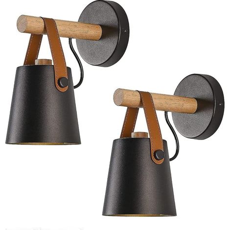 Set Aus 2 Modernen E27-wandleuchten Im Schmiedeeisen-stil Mit Holzband, Industrie-leuchtmittel (leuchtmittel Nicht Enthalten), Schwarz