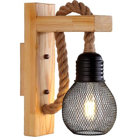 Industrielle Led-wandleuchte In Hanfseil-/holzfassung, E27-sockel, Schwarz