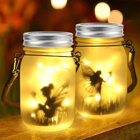 2 Stück Solarlaterne Für Den Außenbereich, Solar-einmachglas-feenmotiv, Zum Aufhängen/aufstellen, Ip65 Wasserdicht, Für Balkon Und Garten (warmweiß, 9 X 9 X 14 Cm)