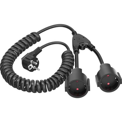 3 M Verlängerungskabel Mit 2 Schuko-steckdosen, Spiralkabel. Spiralverlängerungskabel Von 0,6 M Bis Maximal 3 M, Mit Doppelter Schuko-steckdose (230 V/16 A), 2 Schwarze Steckdosen.