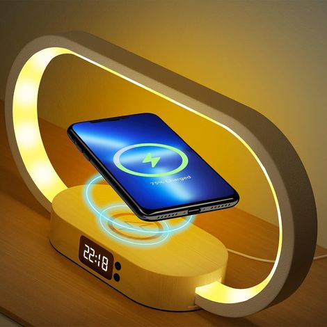 Kabellose Lade-nachttischlampe, Dimmbare Led-tischlampe Mit Touch-steuerung Fürs Schlafzimmer, Usb-nachtlicht Mit 5 Farbtemperaturen Und Uhr, Nachttischlampe Aus Holz