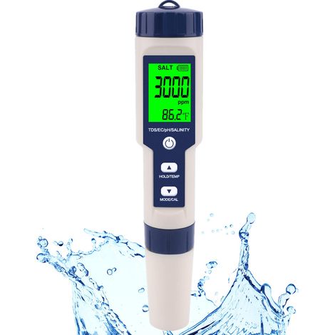 Digitales Salz- Und Ph-messgerät Für Schwimmbäder, Meerwasser Und Trinkwasser 5-in-1: Salzgehalt, Ph-wert, Temperatur, Elektrische Leitfähigkeit (ec) Und Gesamtfeststoffgehalt (tds) Für Pools, Whirlpo