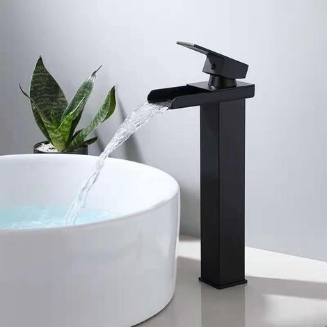Aiducho Wasserfall-waschtischarmatur In Mattschwarz, Hohe Wasserfall-waschtischarmatur Mit Hohem Auslauf, Quadratische Aufsatzwaschtischarmatur Aus Messing, Warm- Und Kaltwasseranschluss, G 3/8