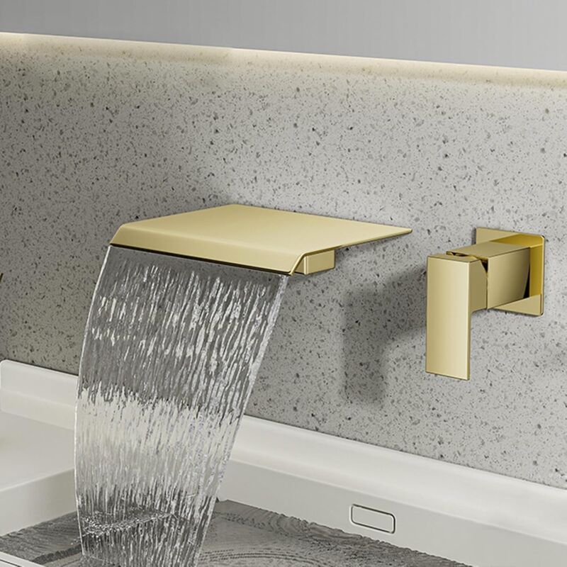 – Wandmontierte Wasserfall-waschtischarmatur – Einhebelmischer – Hochwertiges Messing – Wandmontage – Gebürstete Goldoberfläche