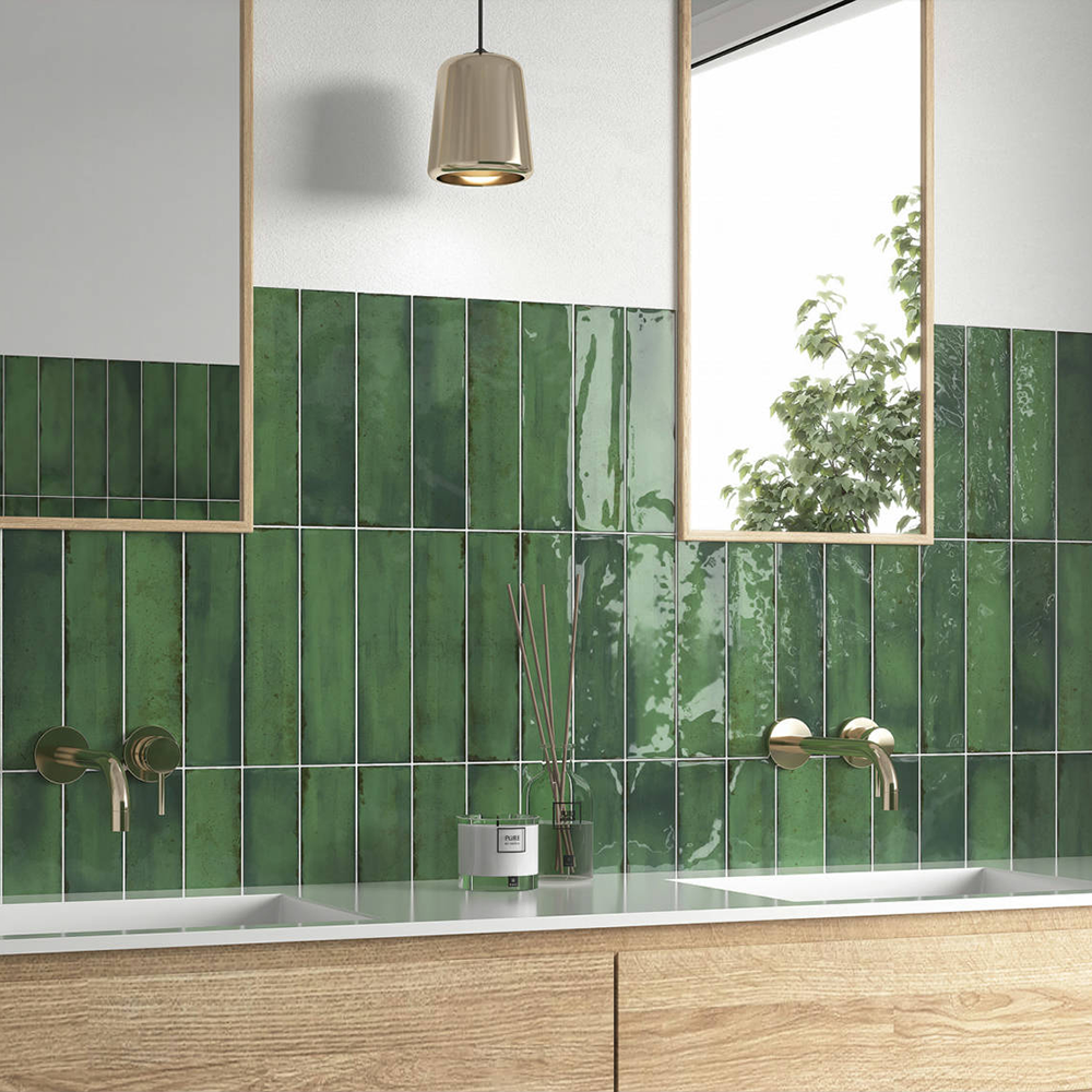 Premium Glänzende Keramik-wandfliese Zenya Green Gloss 7,5x30 Cm