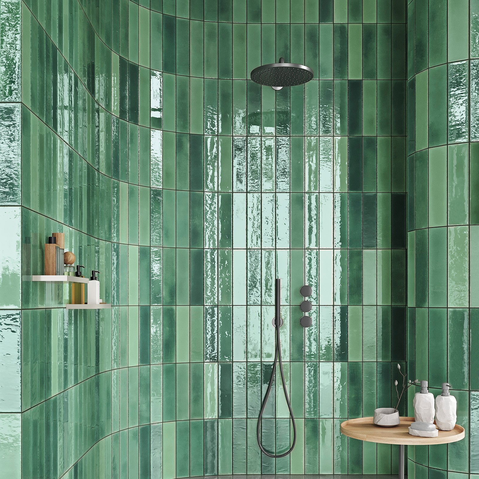 Premium Glänzende Wandfliese Alcanar Green 7,5x30 Cm – Grün – Handwerkliche Optik