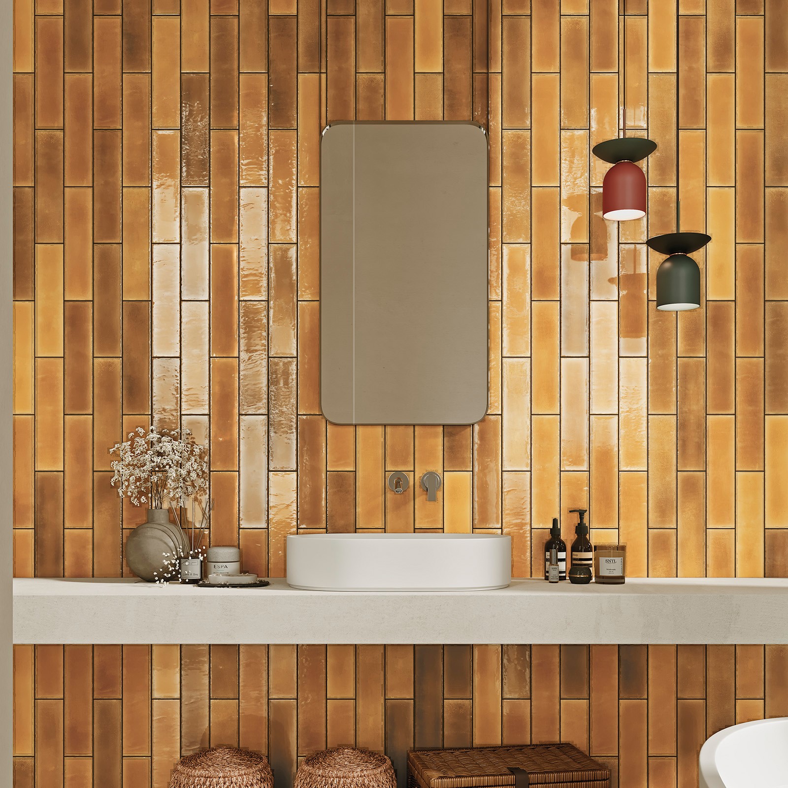 Premium Glänzende Wandfliese Alcanar Caramel 7,5x30 Cm – Bernstein-beige – Handwerkliche Optik
