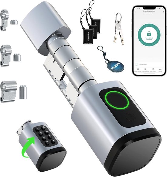 Intelligentes Türschloss – Fingerabdruckschloss – Sicherer Zugang – Verstellbarer Zylinder – 60–90 Mm – Silber