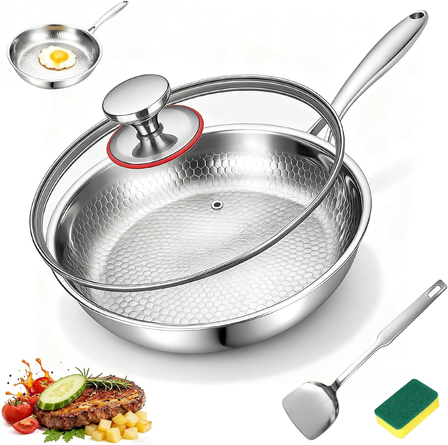 Titan-bratpfanne, 26 Cm, Titan, Mit Gehämmertem Muster Unbeschichtete Titan-bratpfanne Mit Scheuerschwamm, Deckel Und Pfannenwender Zum Anbraten, Für Steaks Und Gebäck