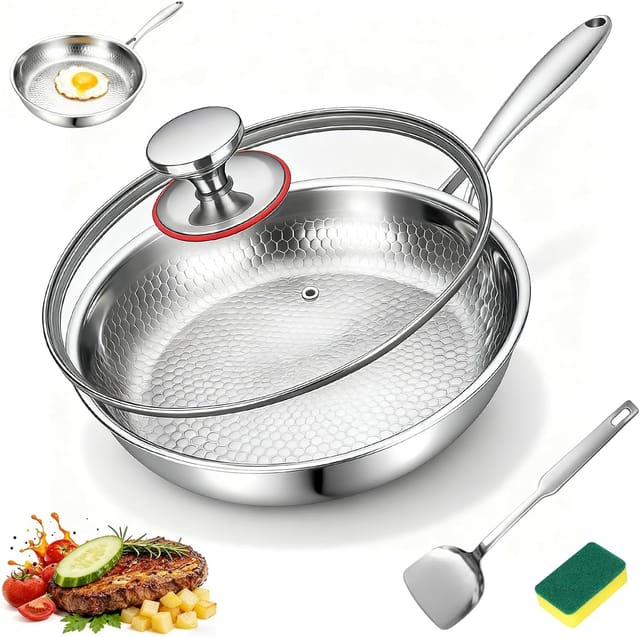 Titan-bratpfanne, 26 Cm, Titan, Mit Gehämmertem Muster Unbeschichtete Titan-bratpfanne Mit Scheuerschwamm, Deckel Und Pfannenwender Zum Anbraten, Für Steaks Und Gebäck