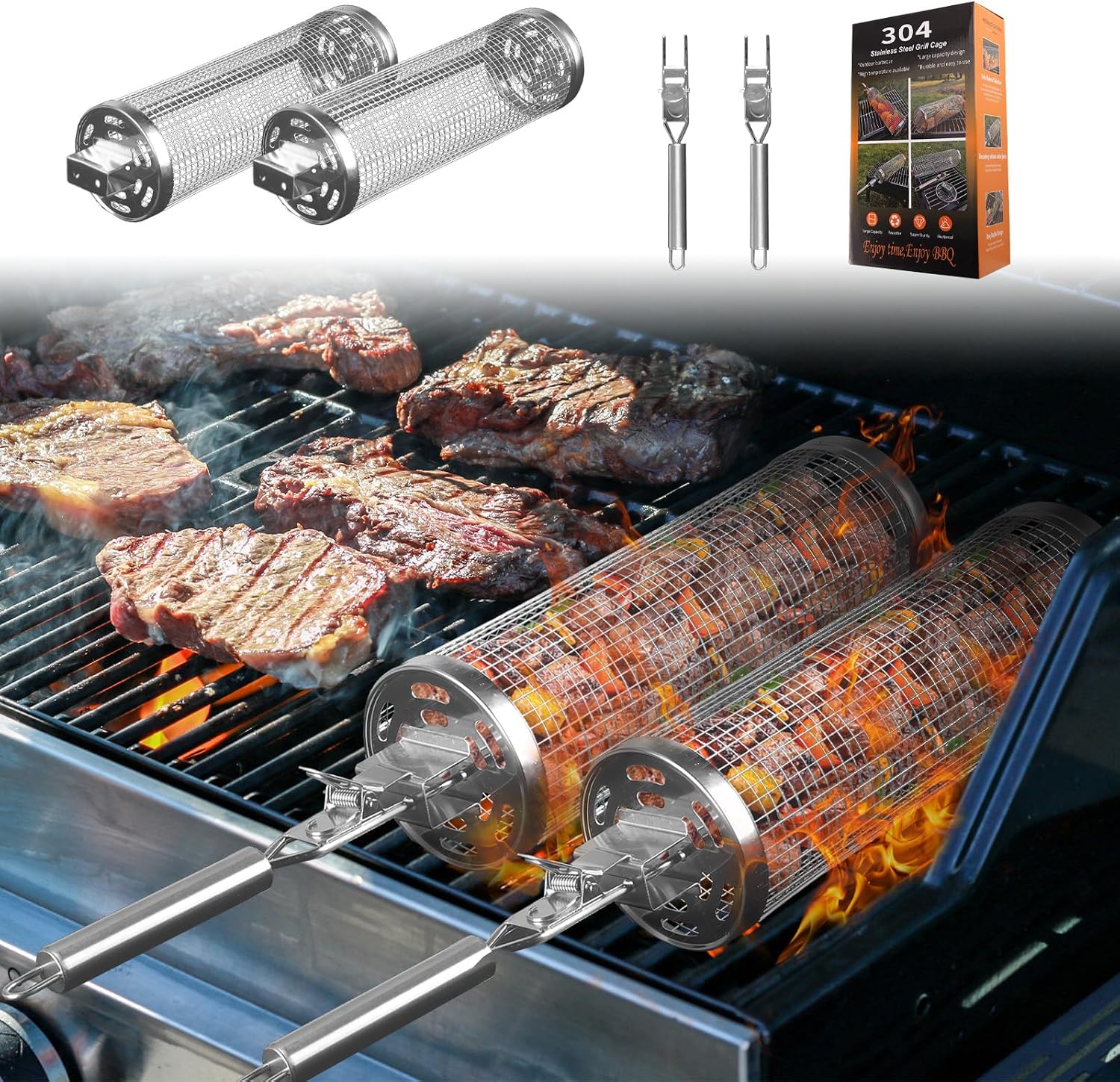 Set Aus 2 Grillkörben Mit Rollen Und Abnehmbarem Edelstahlgriff – Runder Grillkorb Für Grillabende Im Freien, Garten, Camping, Grillzubehör, Geschenkidee