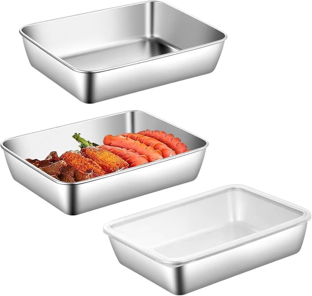 Set Mit 3 Rechteckigen Backblechen Aus Edelstahl – 25 × 19 × 5 Cm – Panierblech – Große Gratinform – Spülmaschinenfest