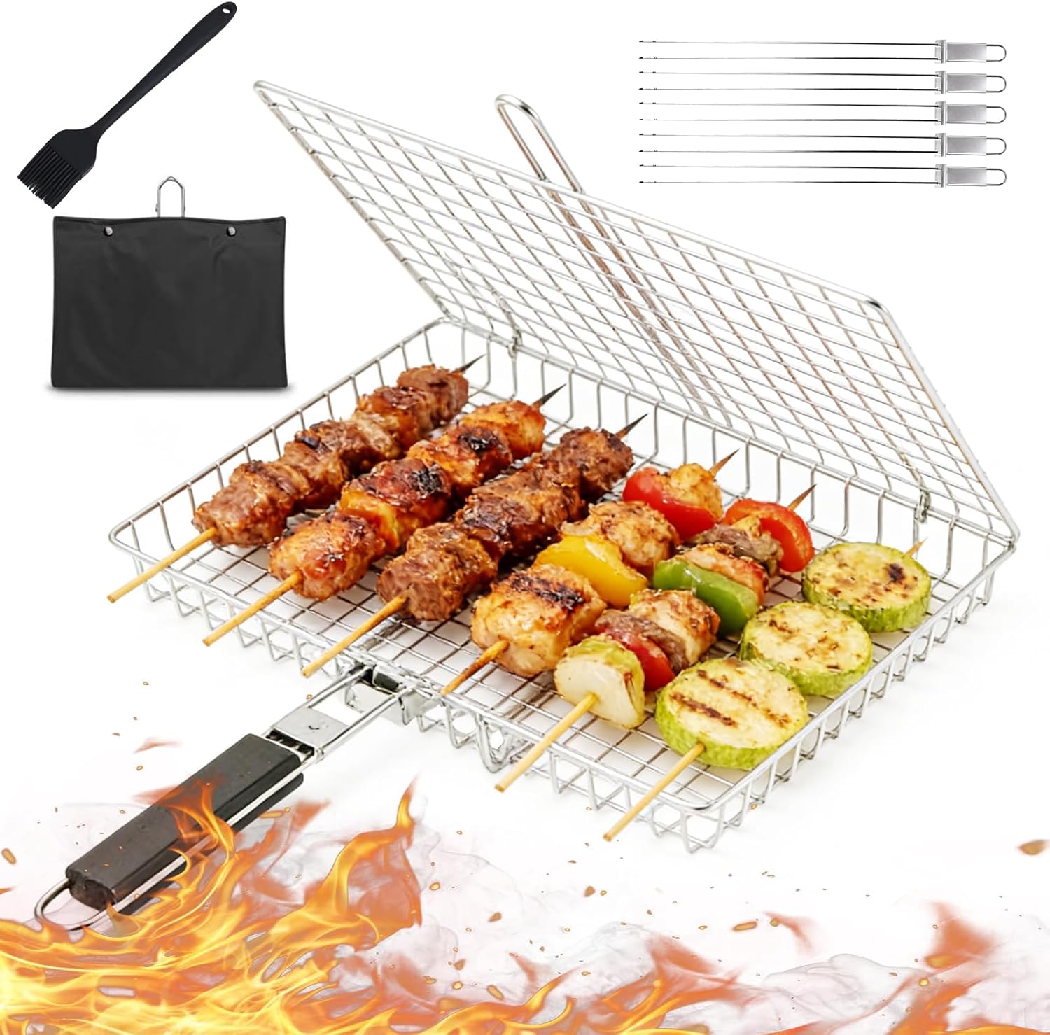 Grillkorb Aus Edelstahl, Faltbar Und Tragbar, Mit Abnehmbarem Griff, Für Fisch, Gemüse, Steaks, Garnelen, Zum Grillen, Campen Und Für Den Garten, 32 X 22 Cm