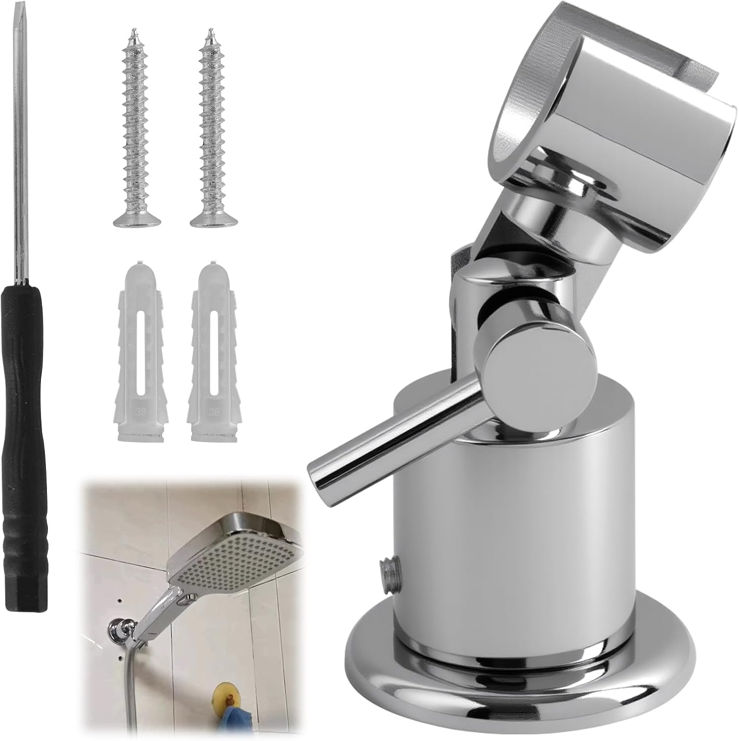 Verstellbare 180°-duschkopfhalterung Aus Metall – Universelle Duschkopfhalterung, Robuste, Verchromte Stahlwandhalterung, Einfache Montage Mit Mitgeliefertem Montagematerial