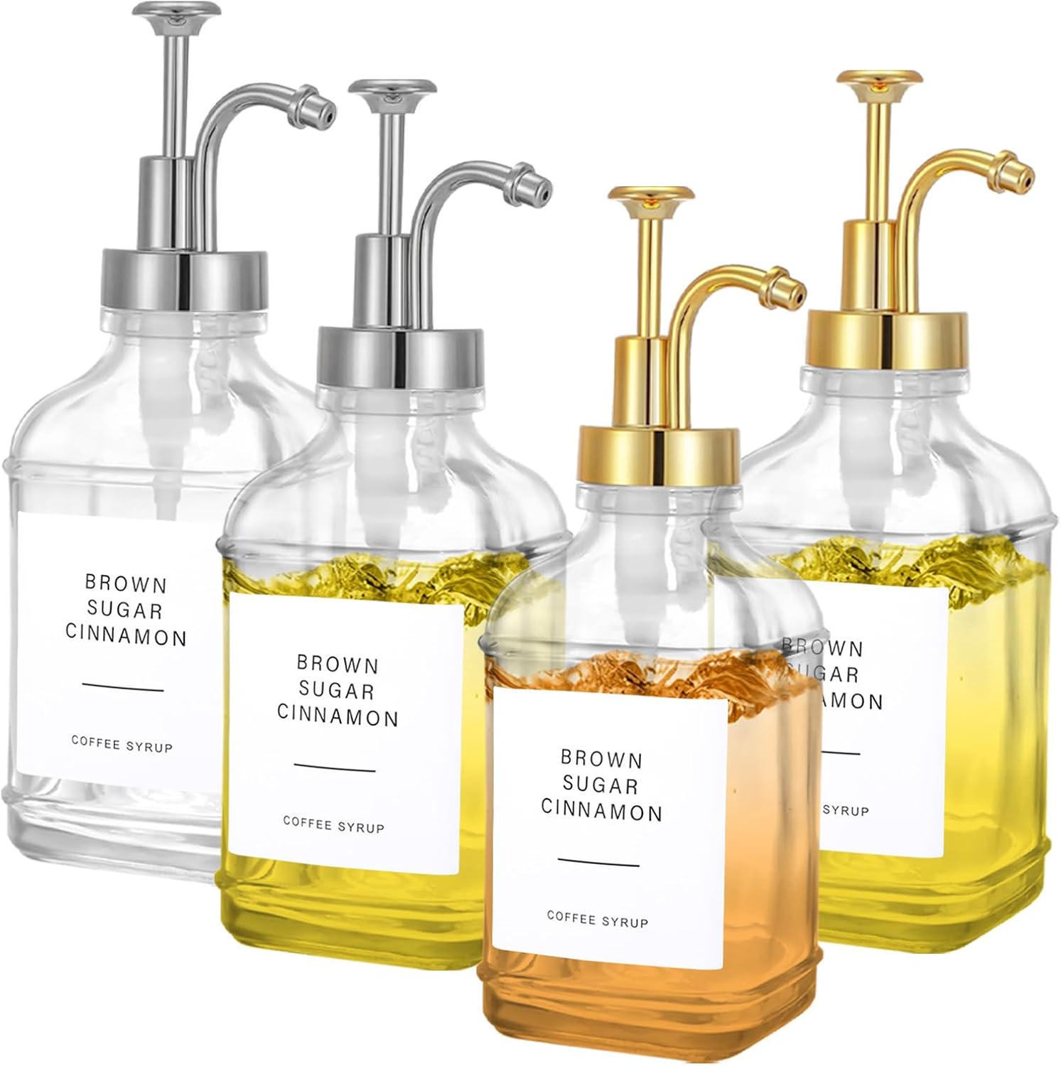Set Mit 4 X 500 Ml Glas-kaffeesirupspendern – Kaffeesirupspender Mit Gold-silberner Pumpe – Mit Trichter – Spenderflaschen Für Kaffeebars