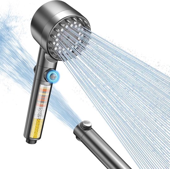 Duschkopf Mit 15-lagigem Filter Gegen Kalkablagerungen, 3+1 Strahlarten Und Hohem Wasserdruck. Mit Wasserstoppfunktion Und Wassersparmodus (grau).