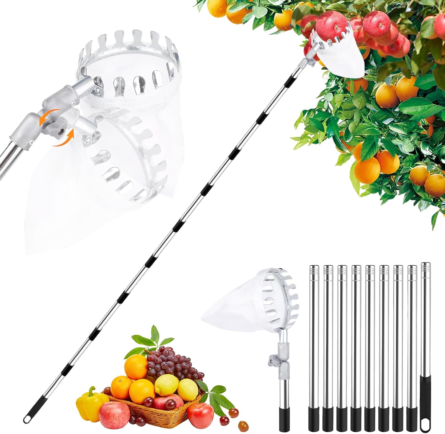 M Teleskop-obstpflücker, 180° Verstellbarer Klappkopf, Obstsammler Mit Leichter, Verstellbarer Stange Und Baumwollbeutel, Obsternter Für Äpfel, Birnen, Orangen, Pfirsiche, Kirschen