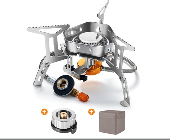 Campingkocher, 3200 W, Mit Piezozündung, Windfest, Gasbetrieben, Für Alle Schraubkartuschen, Gasbrenner, Mit Adapter, Faltbar, Grau