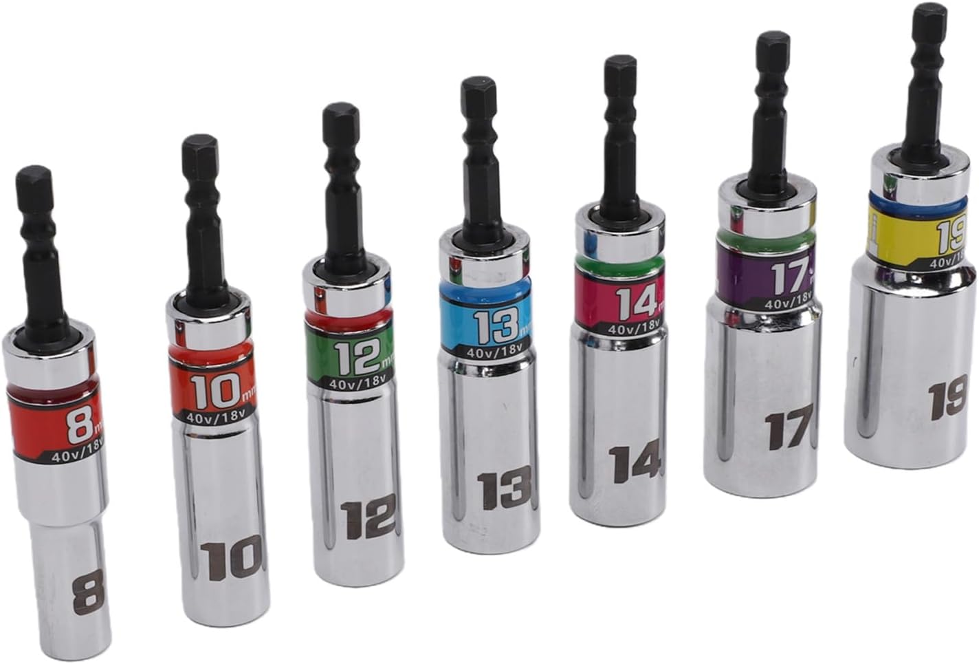7-teiliger Universal-schlagschrauber-steckschlüsselsatz Für Schwere Verschraubungen 15°-sechskant-steckschlüssel, 1/4 Zoll, 8–19 Mm, Mit 12-kantigem Griff, Farbcodiert Für Reparaturen
