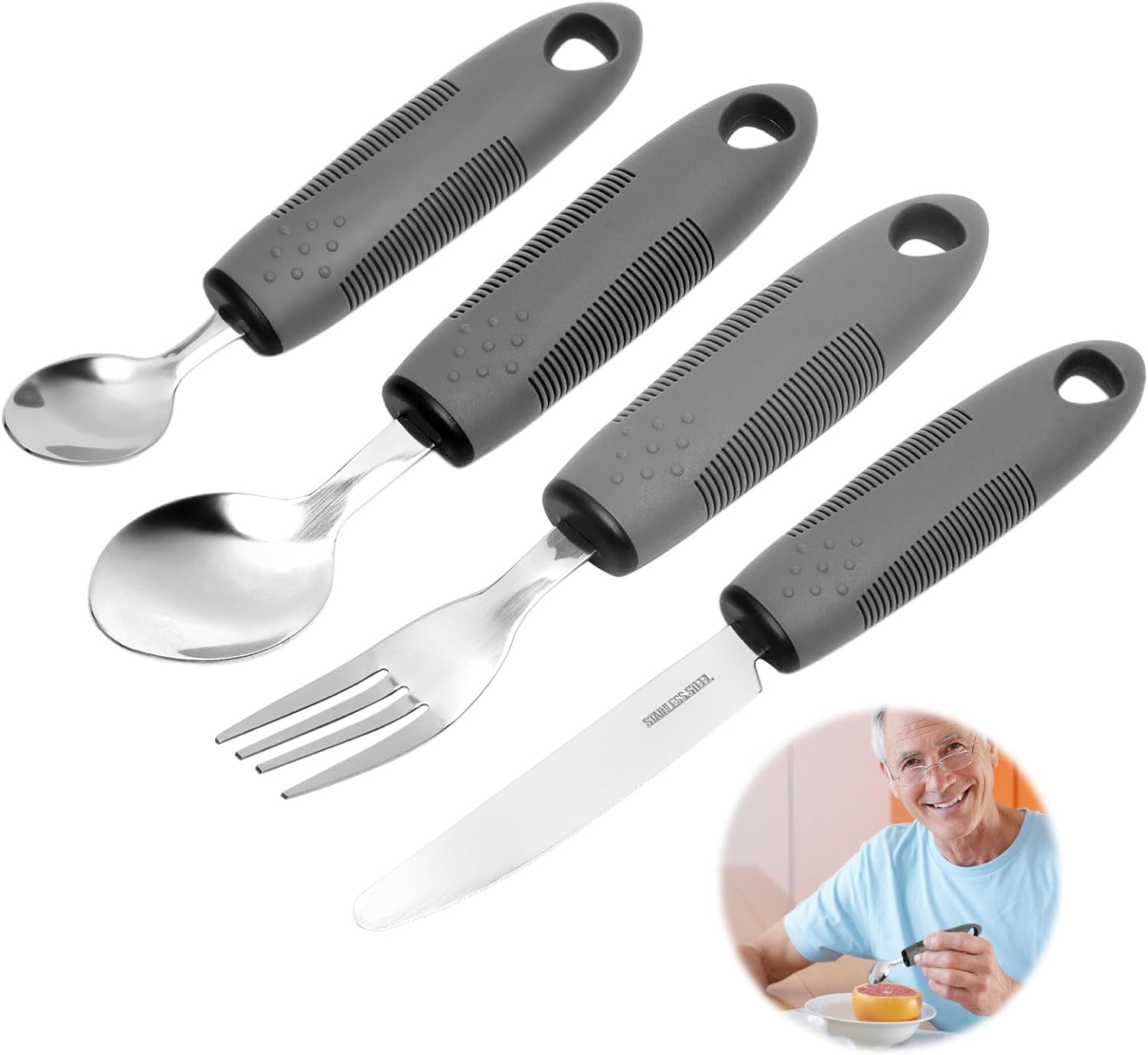 4-teiliges Anti-zitter-besteckset – Ergonomischer Löffel, Gabel Und Messer Für Senioren, Menschen Mit Parkinson Oder Behinderungen – Angepasstes Edelstahlbesteck, Rutschfest, Erleichtert Das Essen