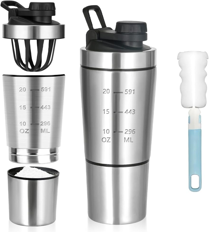 Protein-shaker Aus Edelstahl, 600+200 Ml, Fitness-protein-shaker Mit Pulverfach, Sport-fitness-shaker, Für Protein-, Diät- Und Sportgetränke
