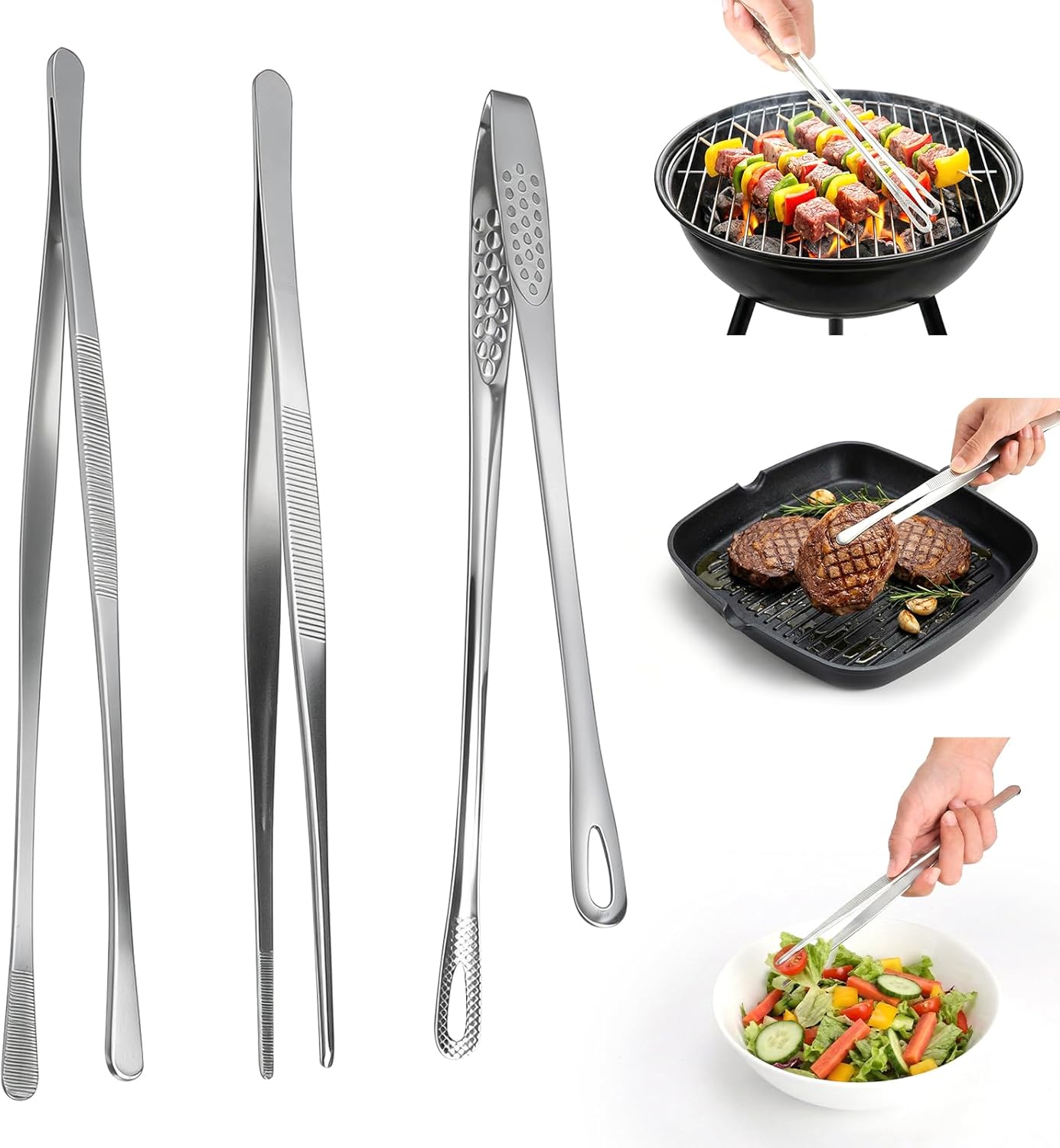 Küchenzangen-set Aus Edelstahl – 3-teilig, 30 Cm Und 28 Cm Lange Zangen Zum Grillen, Kochen Und Servieren – Professionelle Edelstahlzangen Für Fleisch, Fisch, Gemüse Und Grillgut