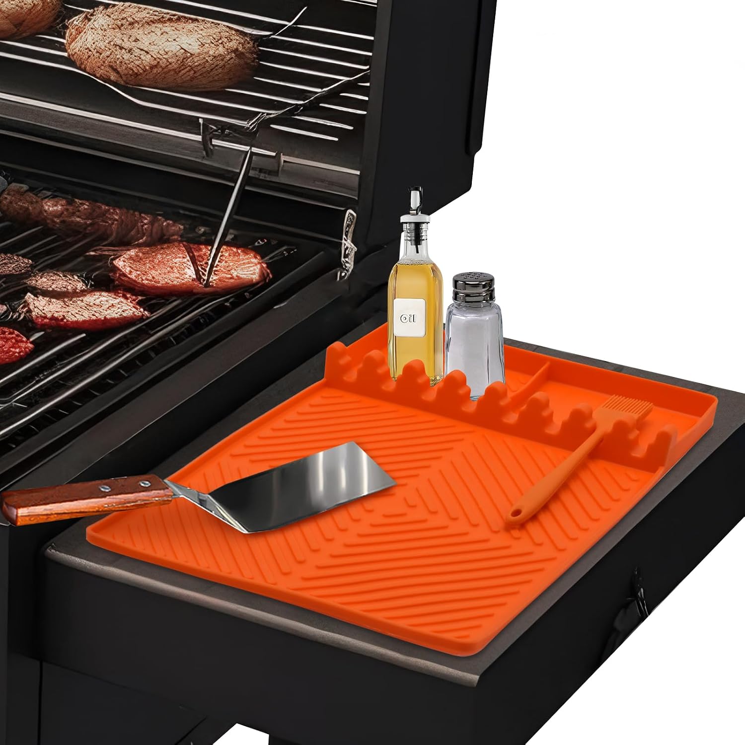 Grillmatte Für Gasgrills Mit Seitenablagen, Silikon-spatelmatte, Grillbesteckhalter Für Küche, Herd & Grill, Arbeitsplatte, Orange