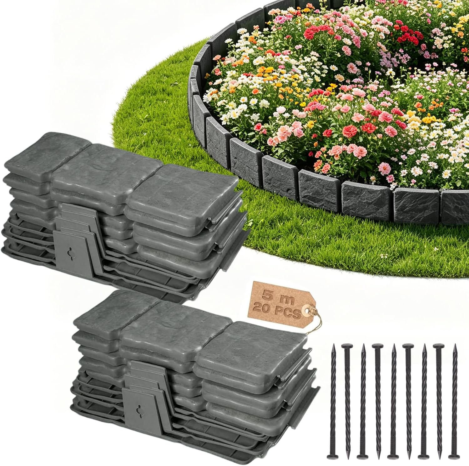 Garteneinfassung, 10 X 25,5 Cm, Raseneinfassung, 20 Stück, Graue Dekorative Garteneinfassung Für Wege, Rasenflächen Und Blumenbeete