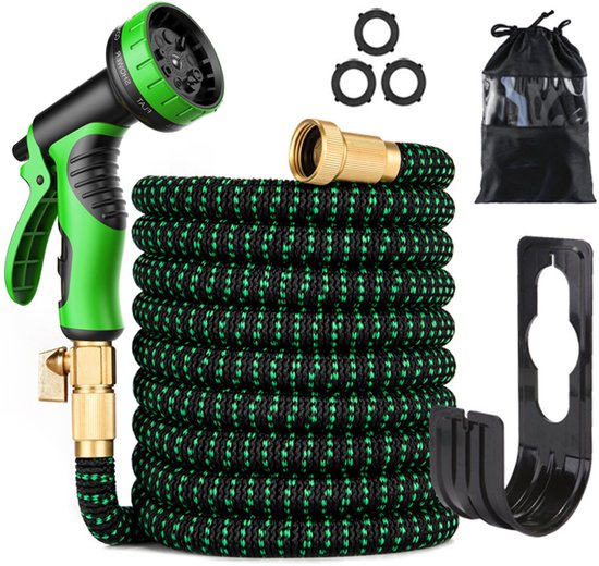 Dehnbarer Gartenschlauch 15 M – Mit 1/2"- Und 3/4"-adaptern, Dreilagigem Latex, Metallanschlüssen, Grün