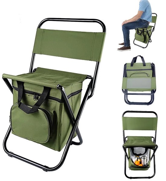 Klappstuhl – Klappbarer Angelstuhl Mit Integrierter Kühltasche – Kompakter Campingstuhl Für Angeln Und Picknicks – Leicht Und Tragbar – Grün