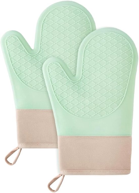 Hitzebeständige Ofenhandschuhe – Rutschfeste Silikonoberfläche – 2 Topflappen – Baumwollfutter – Grüne Silikon-küchenhandschuhe