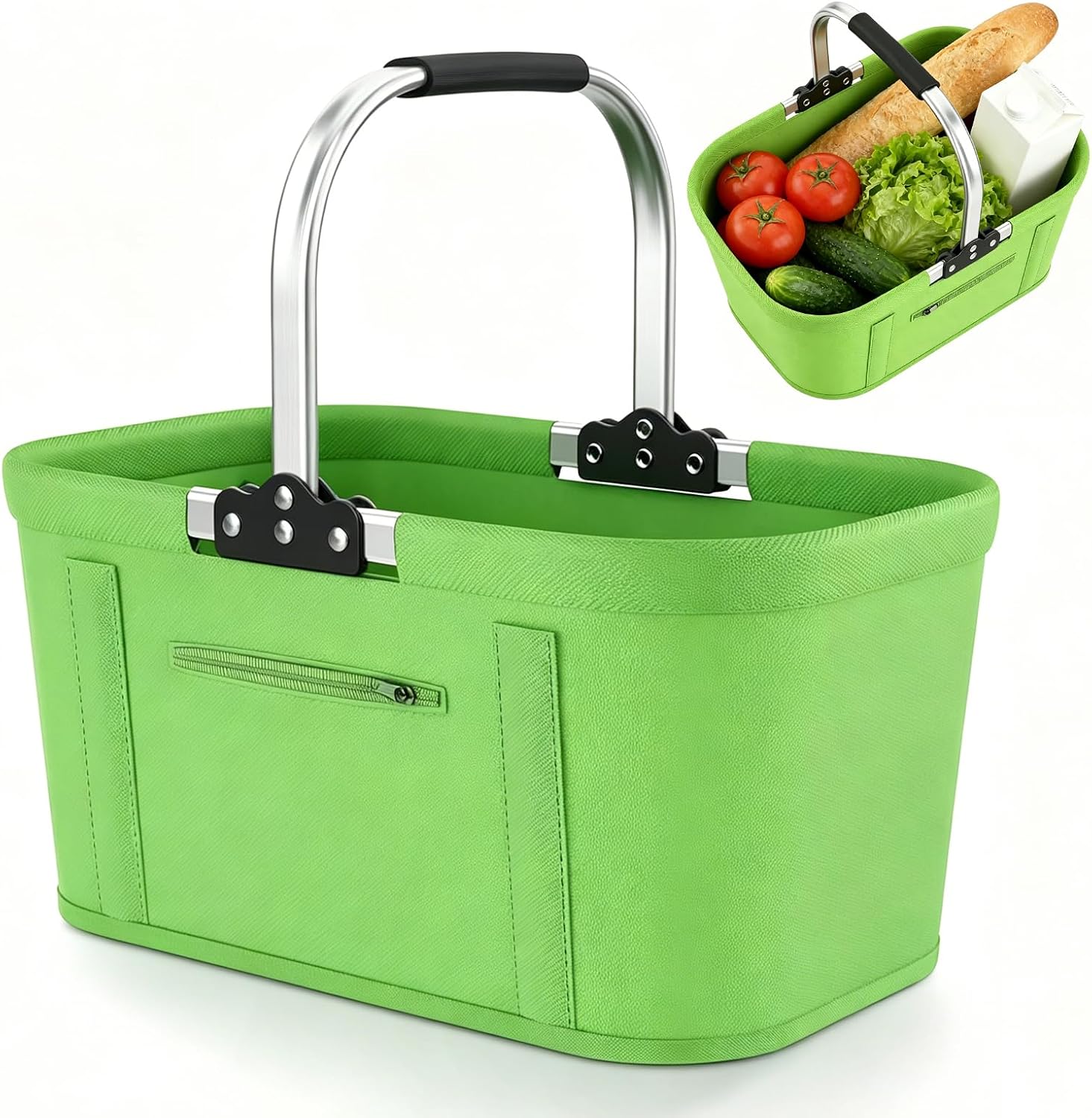 Großer, Faltbarer Einkaufskorb, 30 L, Picknickkorb, Transportkorb, Praktisch Mit Aluminiumstangen, Familien-einkaufstasche Für Camping, Picknicks (grün)