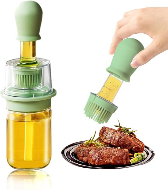 180 Ml 2-in-1 Ölspender-glasflasche Mit Silikonpinsel Zum Grillen, Braten, Backen, Pfannkuchenbacken, Grün