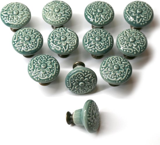 Set Mit 12 Vintage-schrankknöpfen – Keramik – Rund, 34 Mm – Grün