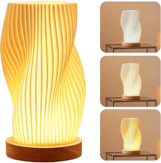 Nachtlicht Mit Holzsockel, Usb-anschluss, Retro-streifenmuster, Drei Farben, Pla-lampenschirm, Led-birne, Kleine Tischlampe Für Schlaf-/wohnzimmer