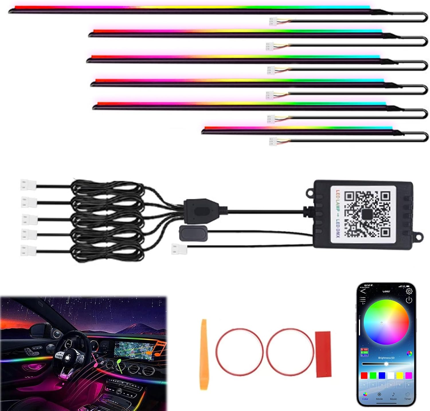 Led-innenraumbeleuchtung Fürs Auto, 6-in-1 Rgb-led-lichtleiste 16 Millionen Farben, 210 Blinkmodi, App-steuerung