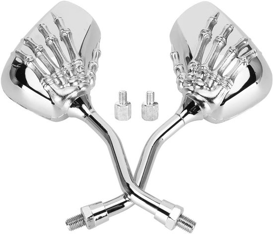 Qiilu Motorradspiegel, 2 Verchromte Motorradspiegel Mit 8 Mm Und 10 Mm Gewinde, Schädelförmiger Lenkerreflektor.