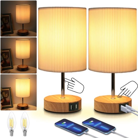 Set Aus 2 Nachttischlampen Tischlampe Mit Touch-steuerung 2 Usb-anschlüssen Und Dimmbarer Lampe Mit 3 Helligkeitsstufen Für Schlafzimmer Und
