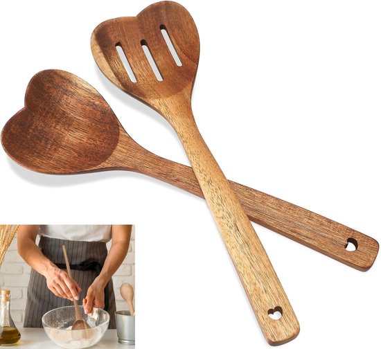 Set Aus 2 Herzförmigen Kochlöffeln Aus Holz Mit Langen Akazienholzgriffen Ein Herzförmiger Löffel Und Ein Schaumlöffel Zum Kochen Rühren Und