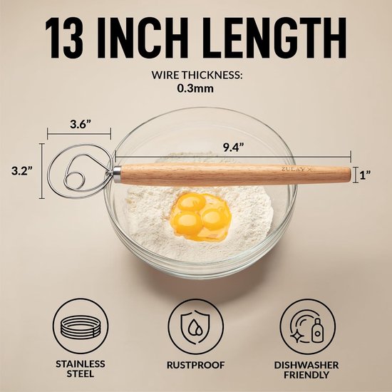 Großer Dänischer Teigrührer Mit Handmixer Großer 33 Cm Langer Schneebesen Aus Edelstahl Und Holz Traditioneller Mixer Im Holländischen Stil Für Rot