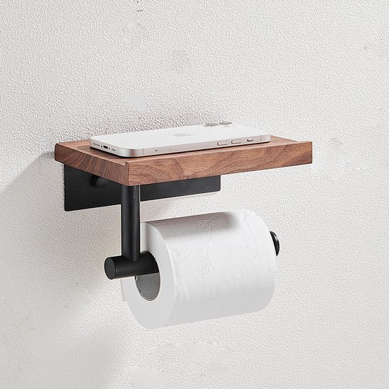 Toilettenpapierhalter Mit Holzablage – Walnuss – Mattschwarzer Edelstahl