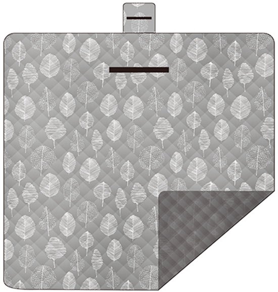 Extra Große Picknickdecke 200 X 200 Cm Mit Blattmuster, Wasserabweisend Und Gefüttert, Für 4–6 Personen, Grau-weiß