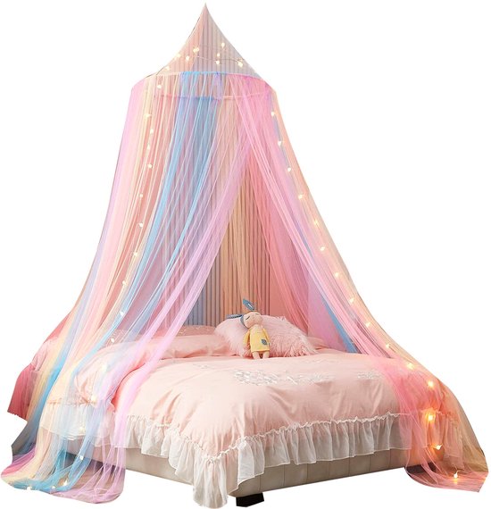Moskitonetz Regenbogenfarbener Himmelbettvorhang Kuppelförmiges Moskitonetz-bettzelt Mit Lichterkette 60 X 250 Cm Verdunkelungsvorhang Für Extra
