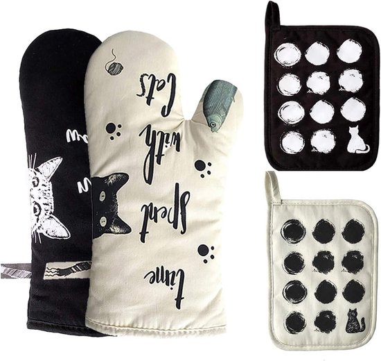 Ofenhandschuhe Und Topflappen-set Aus Baumwolle Mit Katzenmotiv Zum Kochen Und Backen
