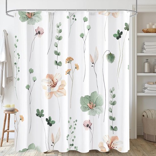 Duschvorhang Mit Aquarellblumenmuster Salbeigrün-beige Duschvorhang Mit Blumenmuster Für Das Badezimmer Modernes Minimalistisches Aus Weißem Mit 183