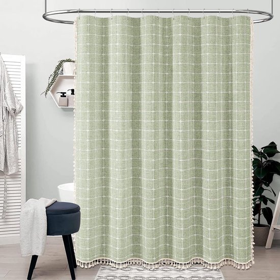 Boho-duschvorhang Im Landhausstil, Rustikales Duschvorhang-set Aus Schwerem Leinenstoff Mit Quasten, Wasserabweisend, Salbeigrün, 183 X 183 Cm