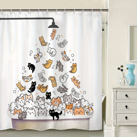 Lustiger Duschvorhang Mit Katzenmotiv Für Kinder – Buntes Cartoon-design, 180 X 200 Cm – Wasserdicht Und Waschbar